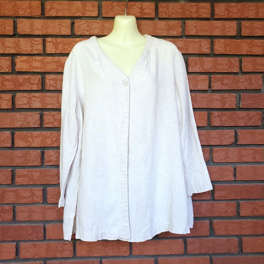 Eileen Fisher Linen Tunic Top VTG Size 1 (Modern 1X) Beige One Button Cardigan